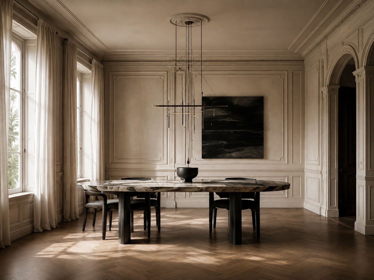 Architektoniczne wnętrze z meblami VELANGI z kamienia naturalnego